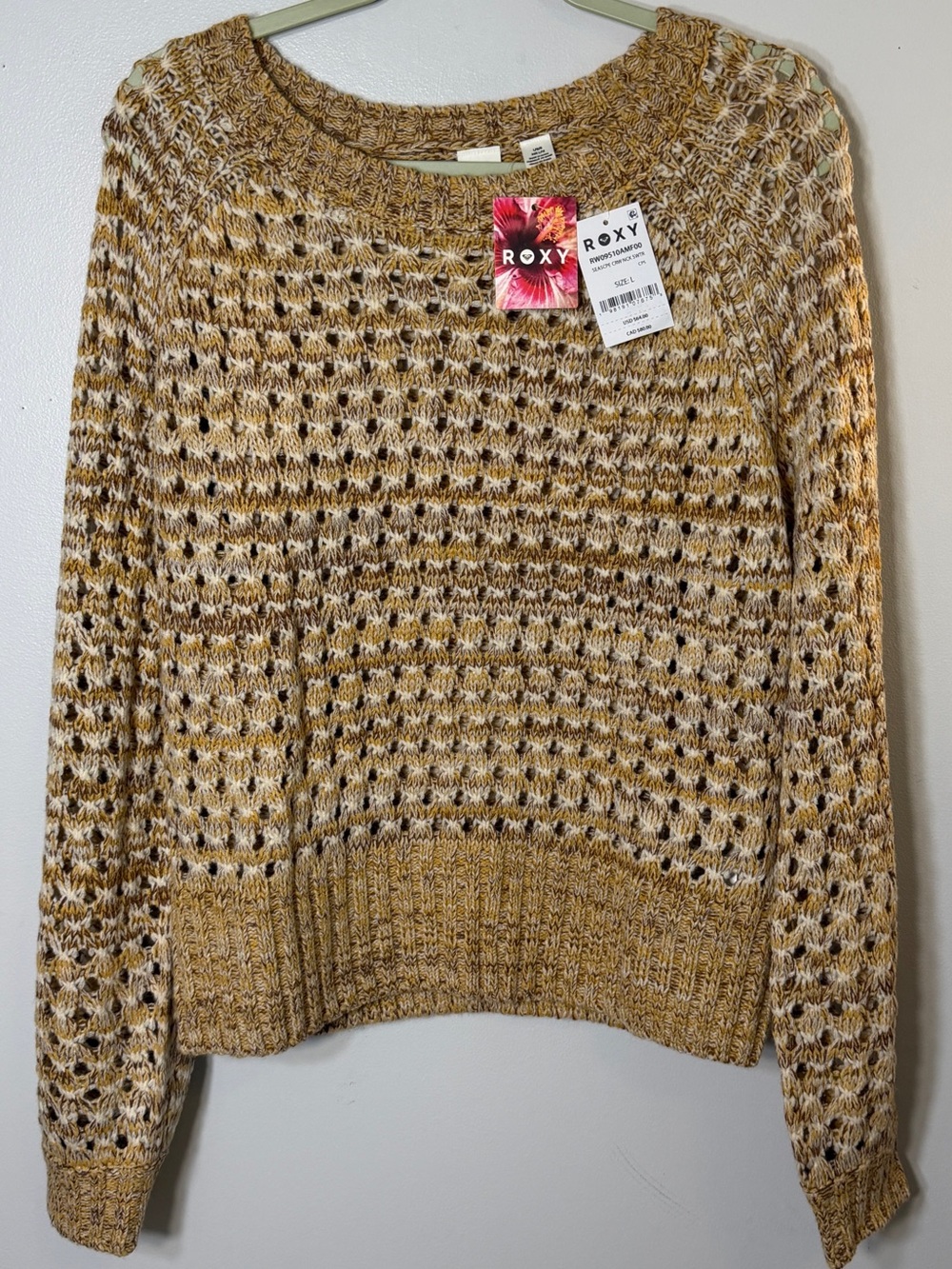 Roxy NWT open knit marled brown long sleeve sweater large coastal slouchy boho